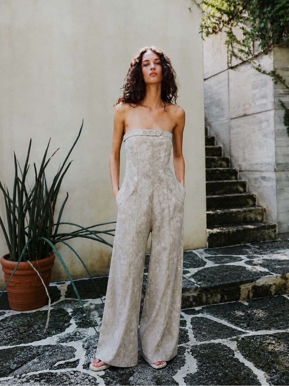 Zara | Blogger Fav Strapless Linen Blend Wide-Leg Jumpsuit ~ Small